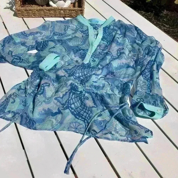 J.McLaughlin Sheer Paisley Tunic Style Top Drawstring Waist Size 8 - Picture 10 of 16